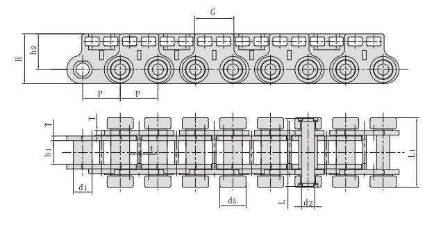 P40 conveyor chain - 40.0 mm pitch P40 conveyor chain dimensions - 40.0 mm pitch, 90.0 kN tensile strength