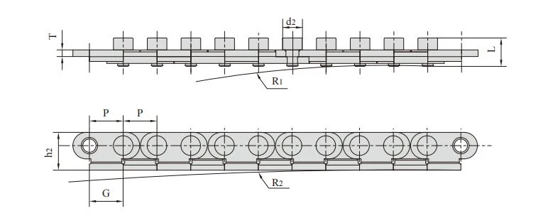 Chain with side bow radius, P12.75SB and P12.75SBF1 (12.75 mm pitch) Chain with side bow radius, P12.75SB and P12.75SBF1 (12.75 mm pitch)
